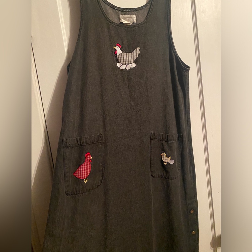 Vintage Mandal Bay Denim Jumper Dress Embroidered Chicken Hen and Chicks 90s